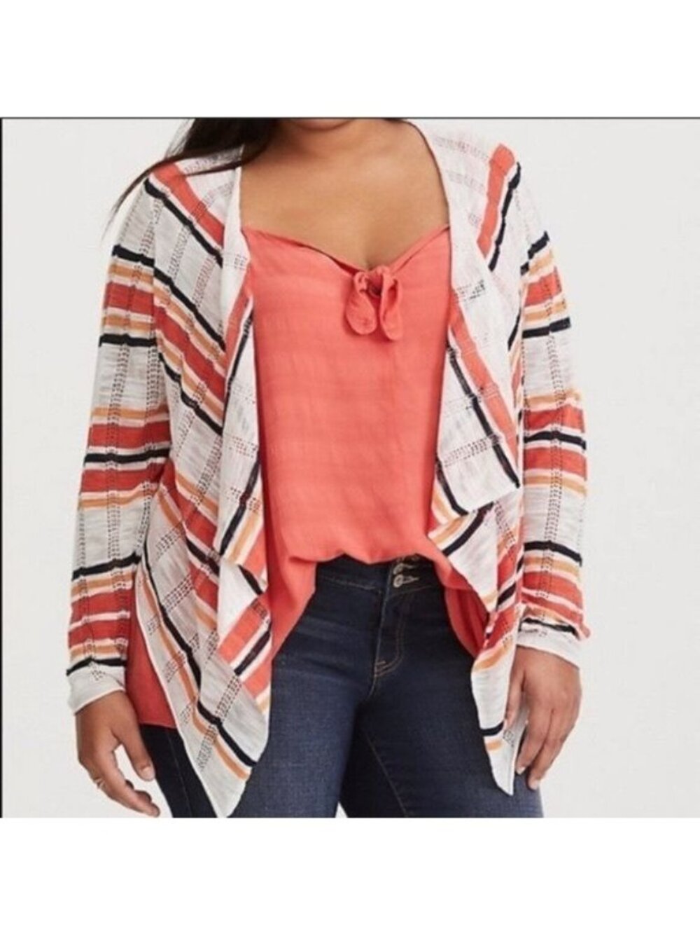 Torrid Open Knit Front Shrug Cardigan Sweater White/Orange Stripe Plus Women 14